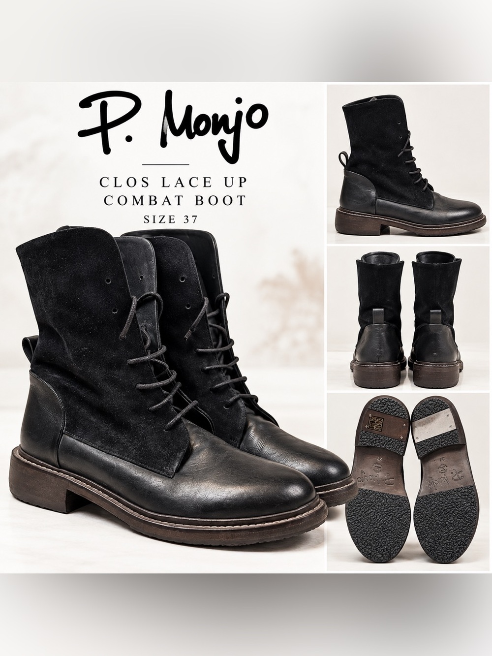 P. Monjo Clos Lace Up Combat Boots Black Size 37 Made in Spain